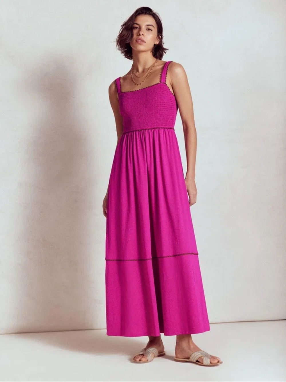 Boden Smocked Dark Pink Detailed Trim Maxi Dress - Size 8